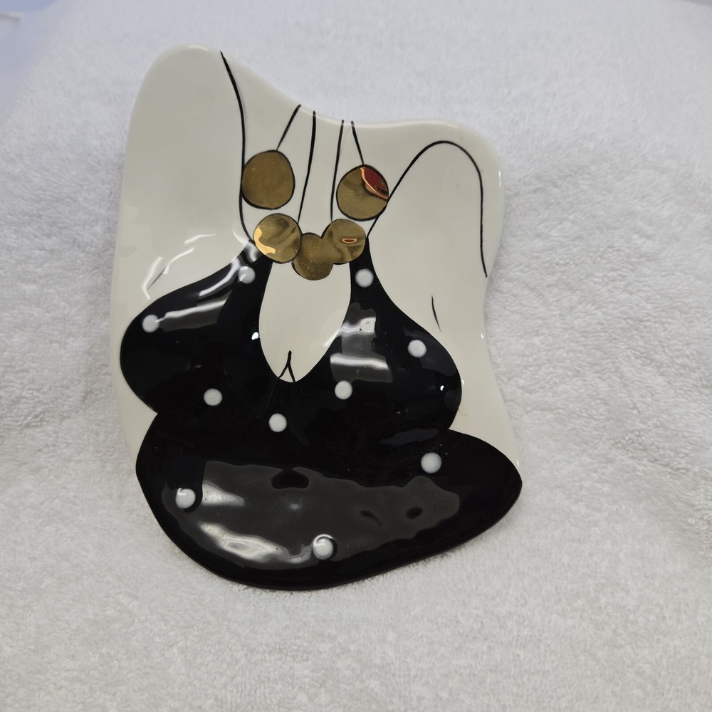 VTG Lynda Cornielle SWAK Trinket Dish Footed Polka Dot Black & White Gold Trim